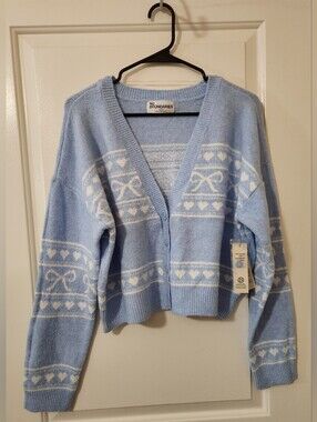 No Boundaries Light Blue and White Patterned V-Neck Cropped Cardigan